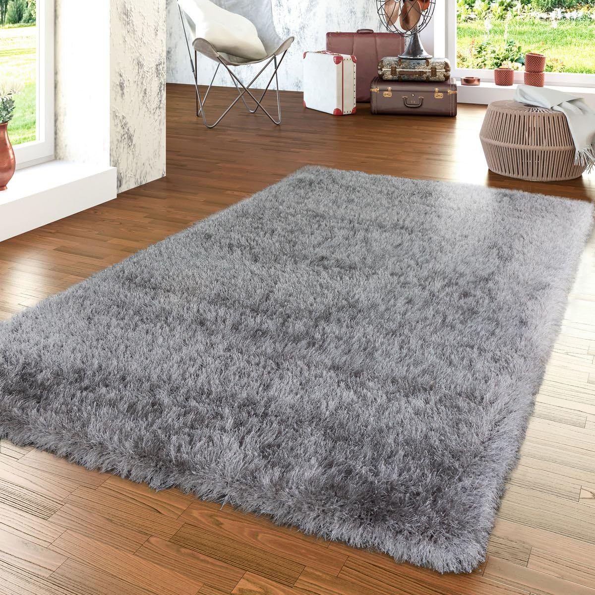 Shag Rug High Pile in Grey for Bedroom & Living Room Fluffy Glossy Pastel Yarn, Size:5'3" x 7'7"