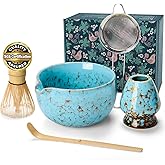 MONOJOY Matcha Bowl and Whisk Set, BPA-Free – Multi-Layer Ice-Crackle Ceramic Chawan with Spout, Bamboo Chasen, Holder, Scoop & Sifter | Japanese Ceremonial Matcha Tea Kit for Lattes & Beginners