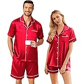Ekouaer Couple Matching Pajamas Sets Silk Short Sleeve Button Down Sleepwear Satin Pjs Shorts Set Soft Lounge Set S-XXL
