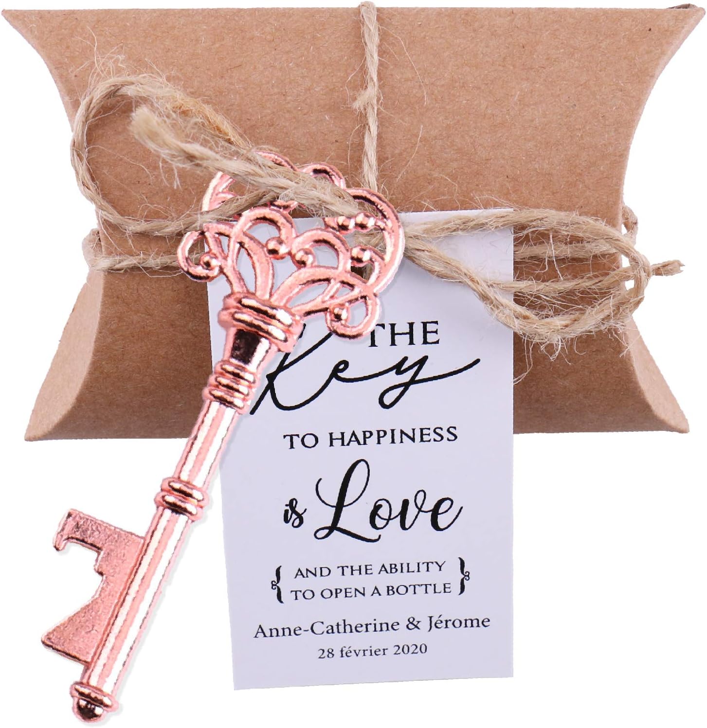 50x Wedding Favors Rose Gold Key Bottle Openers with Candy Boxes and Gift Tags Party Souvenir (Customized Tags)