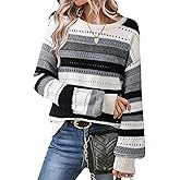 Vivilli Womens Fall Sweaters Color Block Cozy Lantern Long Sleeve Crewneck Knit Crochet Pullover Tops Trendy Clothes