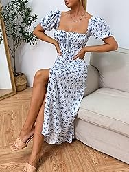 Women's Summer Puff Sleeve Floral Print Split Maxi