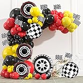 178pcs Race Car Balloon Garland Arch, Red Black Yellow Balloons Decoration with Checkered Flags and Wheels, Racing Themed Birthday Party Supplies for Boys & Girls