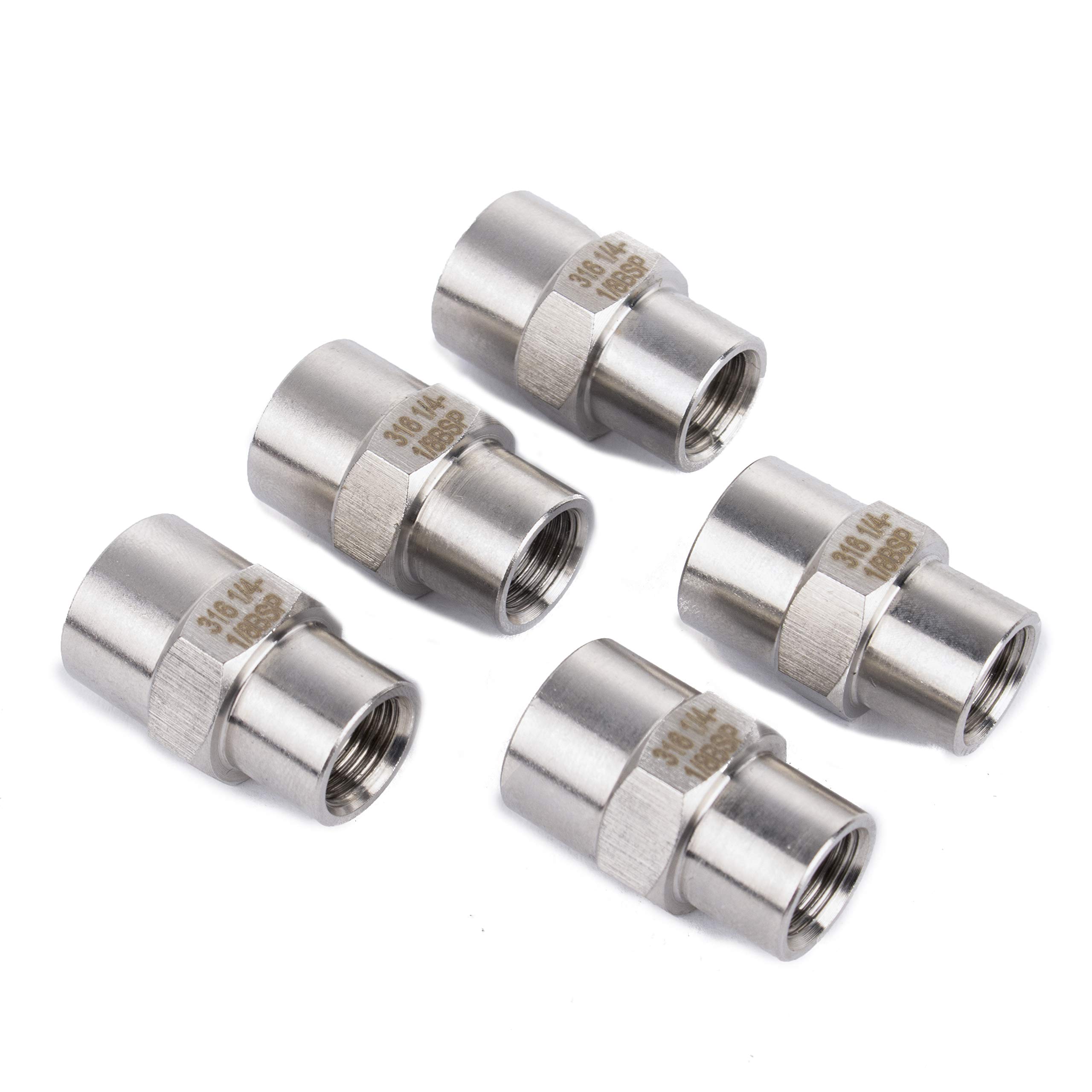 LTWFITTING Stainless Steel 316 BSP Pipe Fitting 1/4-Inch x 1/8-Inch Female BSPP Reducing Coupling Boat Air Fuel (Pack of 5)