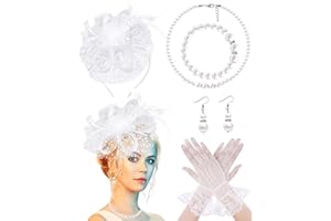 BNIKSOK 5 Pack Fascinators Hat for Women Tea Party Veil Mesh Headband Feather Hat Lace Gloves Pearl Jewelry Set for 1920s Party