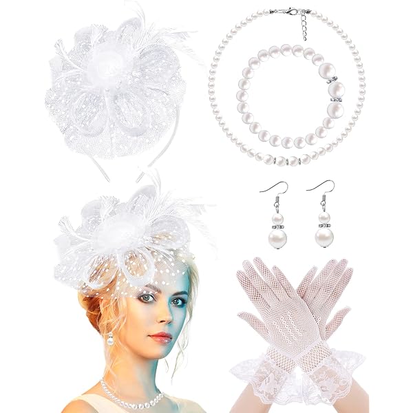 Couture Elegant White Pearl Jeweled Embellished Women\'s Hat With Matching Gloves Amazon.com: Estune 6 Pcs Tea Party Hat and Gloves Set for  main image 3