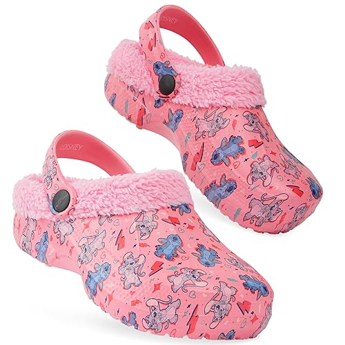 Disney Stitch Winter Clogs Fleece Lining & Removable Charms, Kids Garden Shoes Slip On with Strap (Pink Stitch/Angel, 2/2.5 UK)
