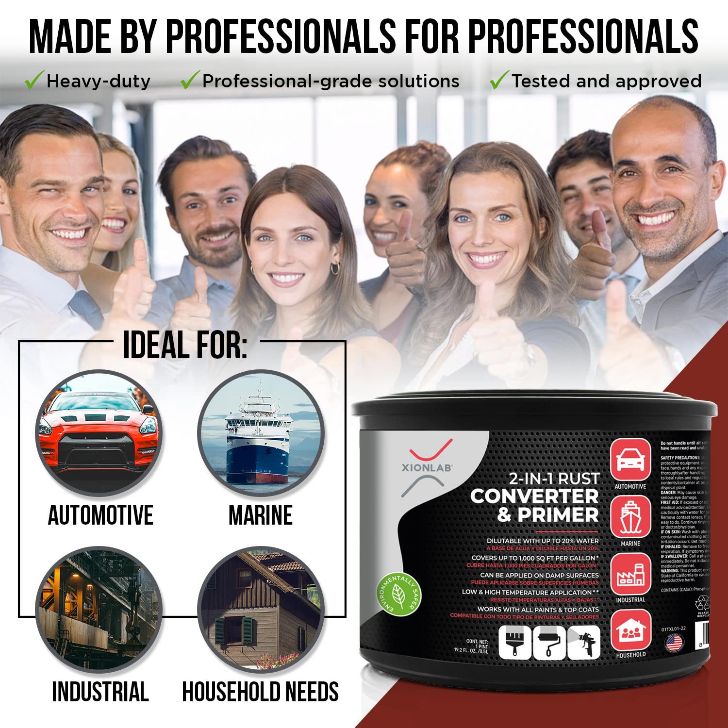 Xion Lab 2 in 1 Rust Converter & Metal Primer - Covers Up to 4X More - Industrial Grade Water Based UV Resistant Rust Reformer - No Top Coat Needed - Rust Inhibitor Works On Damp Surfaces (Pint)