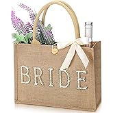 Silkfly Wedding Bride Bag Natural Jute Tote with Ribbon Bride Gift Bag with Handle for Shower(Gold Edges,Bride)