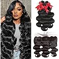 12A Human Hair Bundles with Frontal 14 16 18 with 12 Inch Brazilian Body Wave Bundles Human Hair with Frontal Closure 100% Unprocessed Virgin Human Hair Weave 3 Bundles Deals with 13x4 HD Lace Frontal
