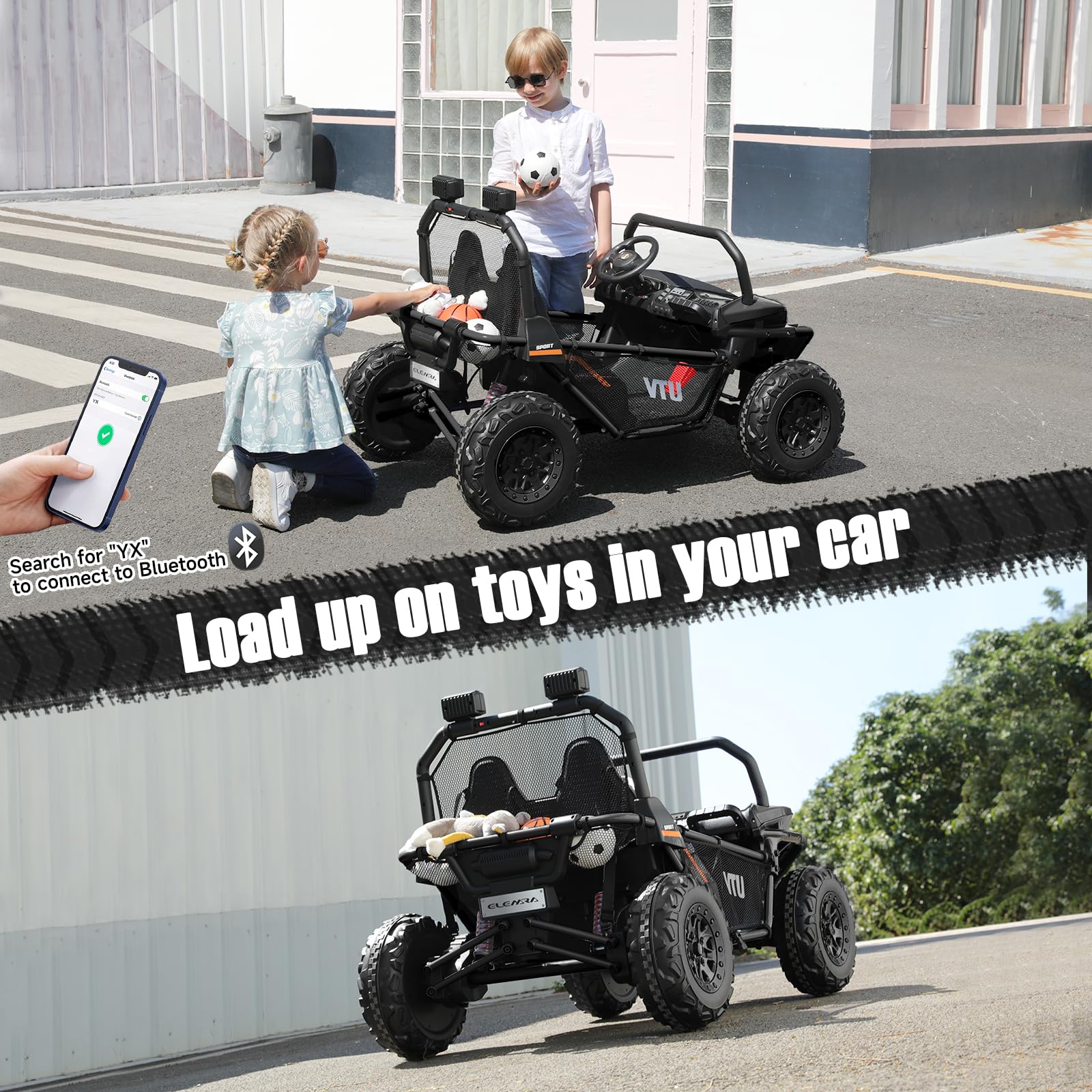 ELEMARA 2 Seater Ride On Car for Kids Gift,12V 10AH Electric Off-Road Truck,4MPH Large Car,Side by Side Vehicle Max 140lbs with Remote Control,LED Light,Bluetooth,3 Speeds,2 Spring Suspension,Black