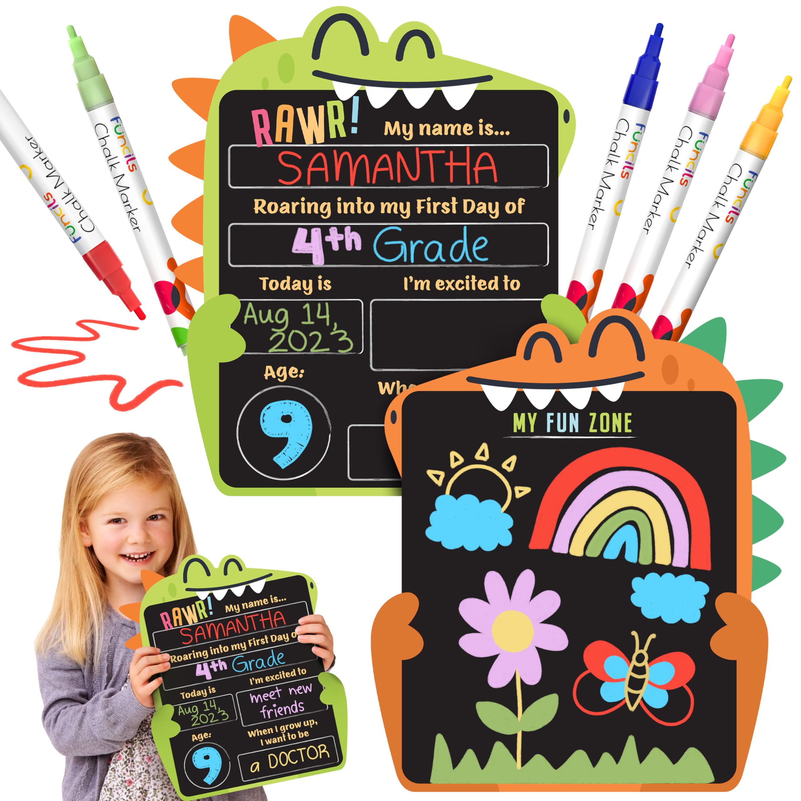 Photo 1 of First Day of School Sign (11 x 13) - Double Sided Back to School Board, First Day of Preschool & Kindergarten Sign - Kids Chalkboard for Boys & Girls + 3 Chalk Markers