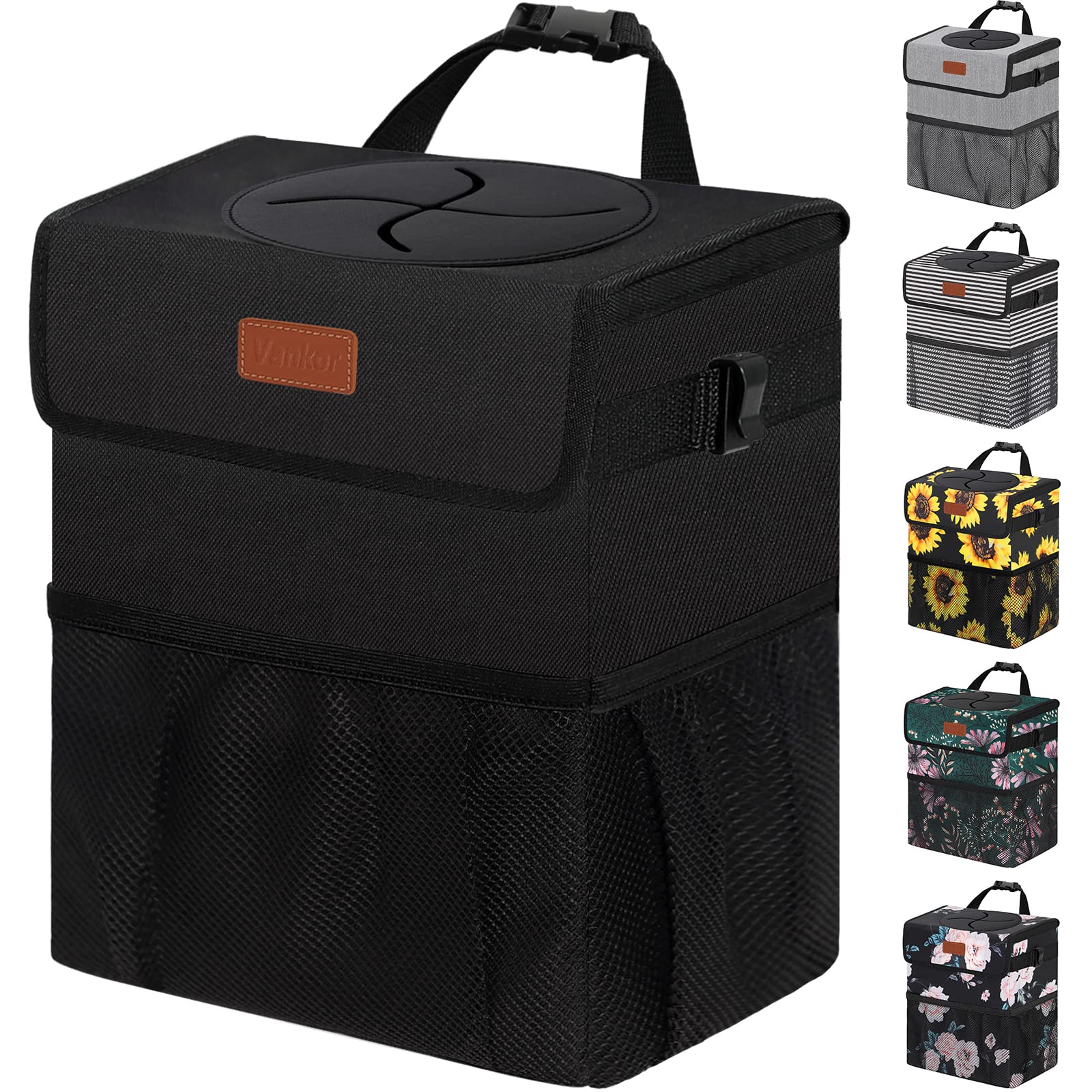 Car Trash Can Bin with Lid Hanging for Back Seat, Car Accessories for Women Men Leak Proof Automotive Garbage Cans Leakproof Vehicle Trash Can for Truck SUV Black