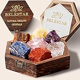 BELESTAR 7 Chakra Healing Crystals Set - Large Raw Stones: Amethyst, Rose Quartz, Citrine, Lapis Lazuli, Clear Quartz, Tigers Eye, Red Jasper - Energy Alignment Kit with Wooden Gift Box & Guidebook