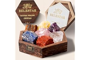 BELESTAR 7 Chakra Healing Crystals Set - Large Raw Stones: Amethyst, Rose Quartz, Citrine, Lapis Lazuli, Clear Quartz, Tigers Eye, Red Jasper - Energy Alignment Kit with Wooden Gift Box & Guidebook