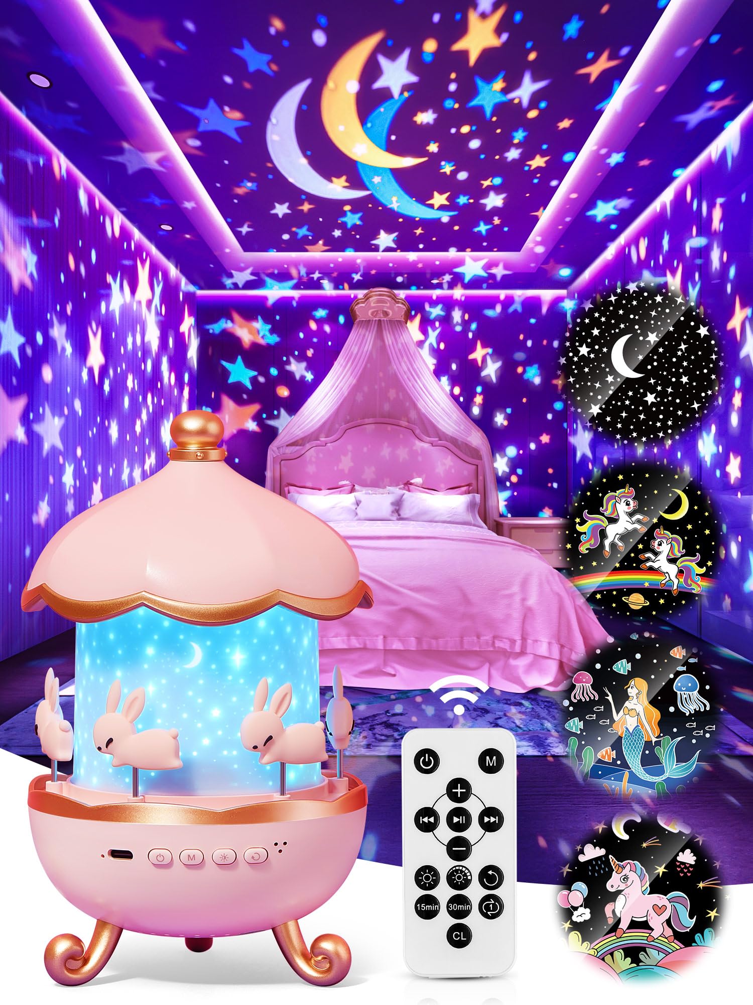 Carousel Night Light for Kids, 15 Music+15 Films+315 Colors Star Projector for Kids Night Light Projector, 360°+Remote+1200mah Unicorn Toys for Girls Room Decor, Baby Learning Toys Easter Gifts Bunny