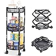 TOOLF 3-Tier Metal Storage Rolling Cart, Foldable Utility Cart on Wheels Assembly-Free, Versatile Serving Organizer Trolley with Lockable Wheels for Kitchen, Living Room, Bathroom, Black