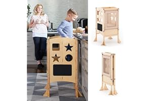 Guidecraft Classic Kitchen Helper® Folding Toddler Tower - Natural: Wooden Kids Kitchen Step Stool w/Safety Nets & Non-Slip Mat, Montessori Toddler Standing Tower | Adjustable Learning Stool for Kids