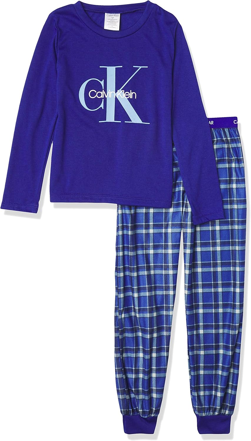 Calvin Klein Boys' Long Sleeve Tee & Plaid Jogger Pajama Set: Clothing