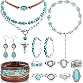 Misdary 15 Pcs Western Turquoise Jewelry Set for Women Bohemian Accessories Adjustable Belt Rings and Necklace Vintage Turquoise Drop Earrings Bracelet