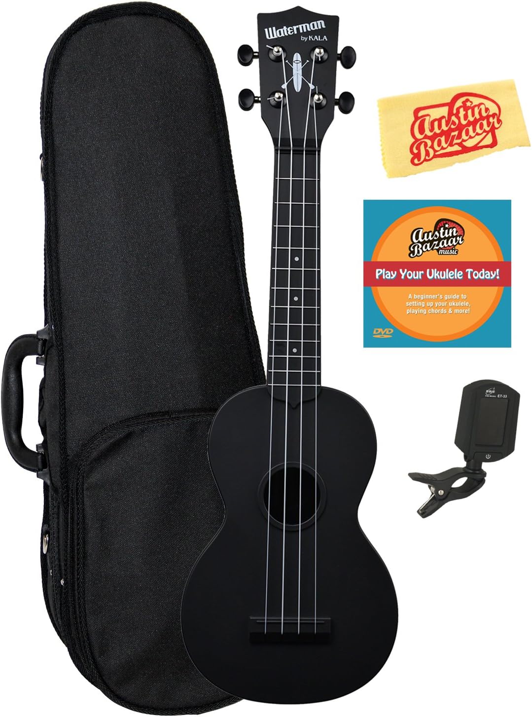 Kala KA-SWB-BK Waterman Soprano Ukulele - Black Matte Bundle with Hard Case, Tuner, Austin Bazaar Instructional DVD, and Polishing Cloth