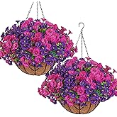 KHOYIME Artificial Hanging Flowers Plants Basket for Outdoors Indoor, 2 Set Faux Silk Purple Fuchsia Morning Glory Fake Eucalyptus Planters UV Resistant Spring Summer for Decor Home Garden Porch Patio