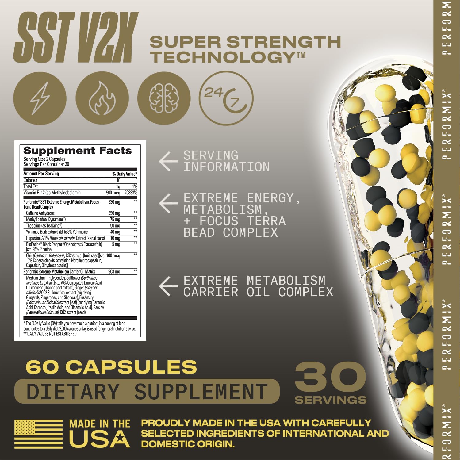 PERFORMIX - SST V3X - Pre Workout - 350 mg Caffeine - Energy Supplements - No Crash - Fitness Goals - Nootropic - Timed-Release for All Day Focus, Mood & Energy Boost - Men & Women - 120 Capsules