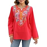 LauraKlein Women's Mexican Embroidered Long Sleeve Tops Cotton Peasant Blouse Fall Casual Shirts Boho Chic Outfits