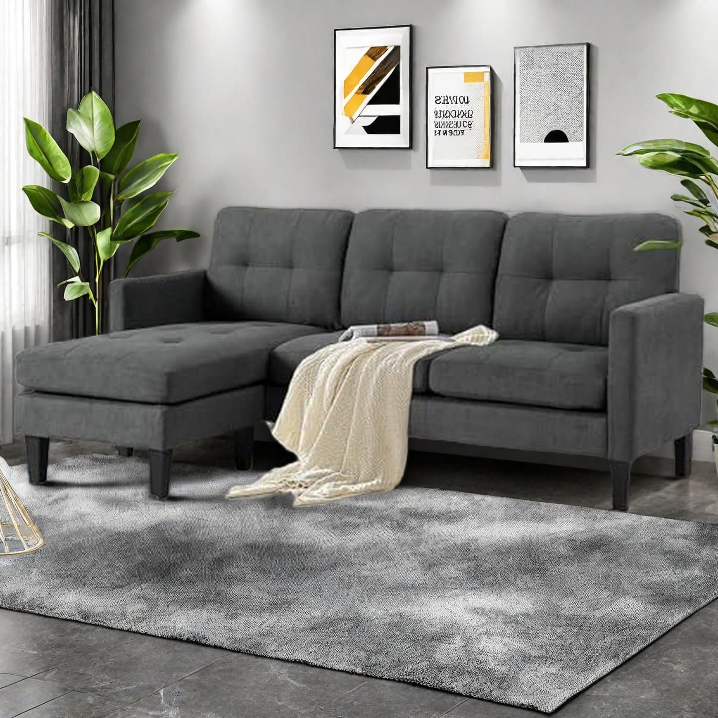 Photo 1 of **MISSING CUSHIONS** Trygoal Small L Shape Couch, 3 Seat Convertible Couch with Ottoman, Convertible Sleeper Sofa Bed with Reversible Chaise, Sectional Couches for Living Room, Gray