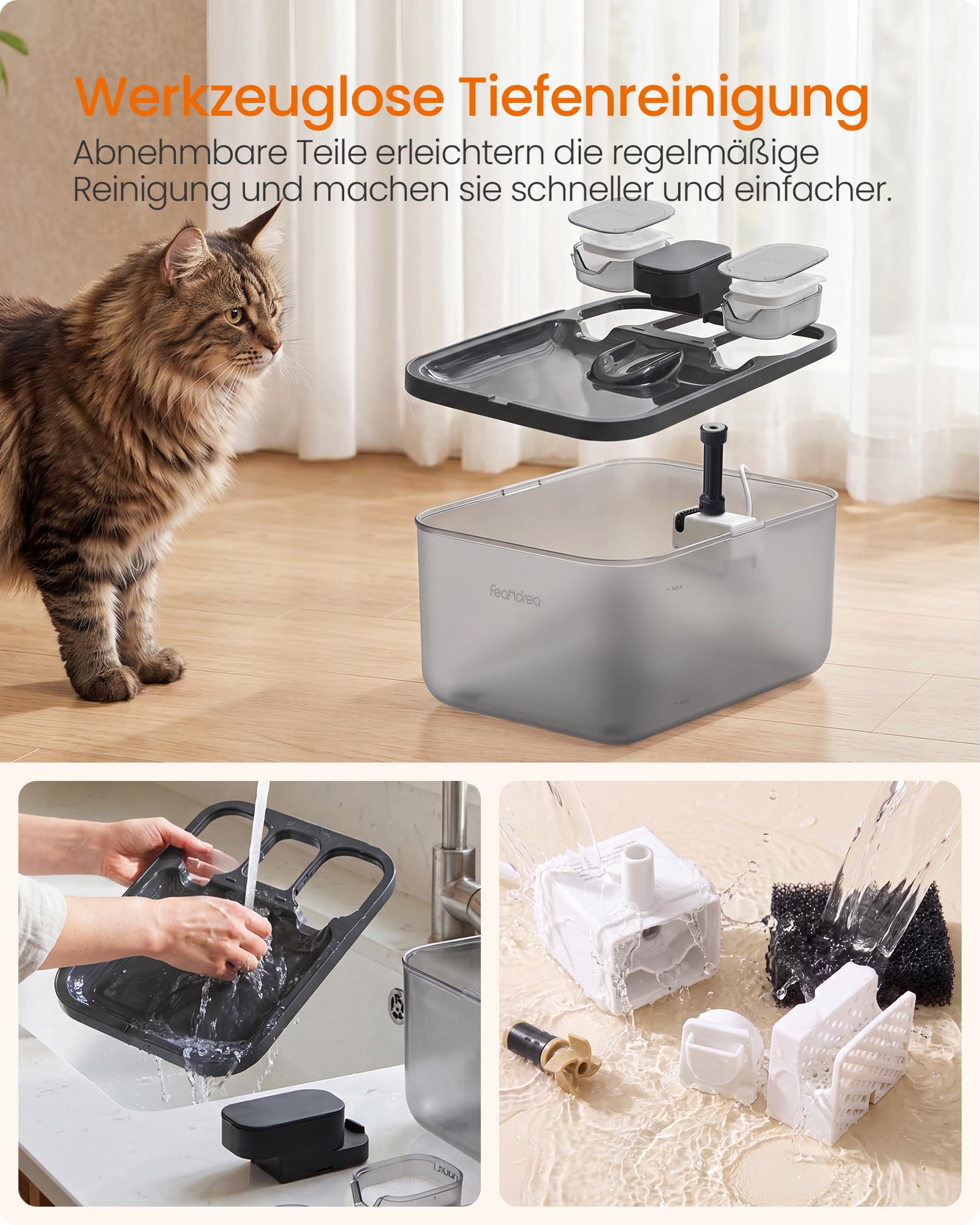 Feandrea Katzenbrunnen, 4,5 L Trinkbrunnen für Katzen, Leiser Haustierbrunnen mit 2 Filtern und 1 Schwamm, Sichtbarer Wasserstand, 28,7 x 19,3 x 17,3 cm, Schwarz, BOXAL Kollektion PWF001B101 7