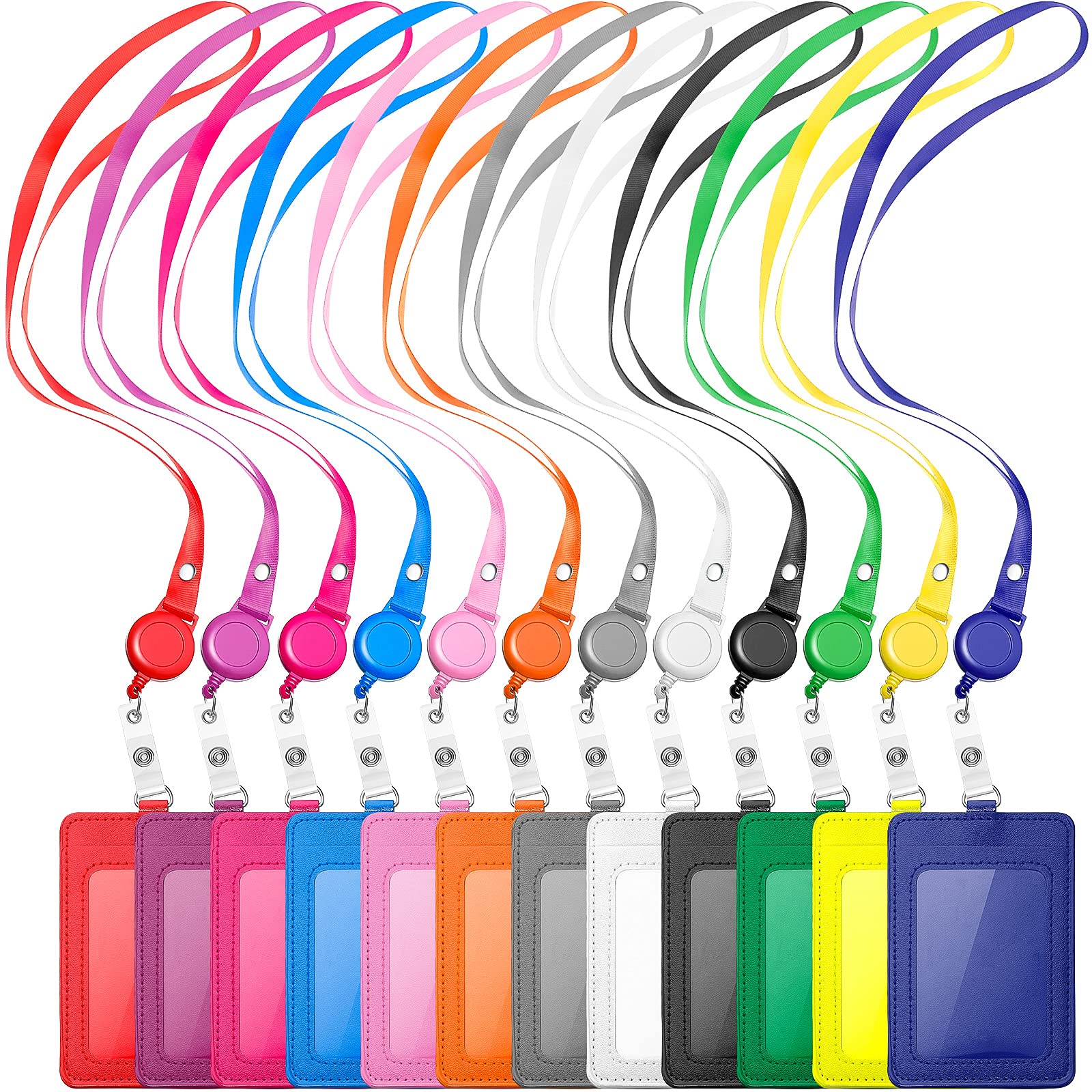 Photo 1 of 12 Sets ID Holder Badge with Lanyards Retractable Name Badge Reel PU Leather Waterproof Clear Card Holder with 1 Transparent ID Window 1 Credit Card Slot for Women Men Nurse School Office (Vertical)