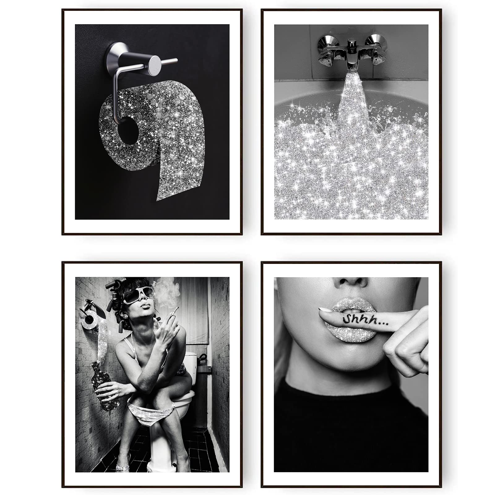 Bathroom Decor Wall Art Prints Glam Glitter Tissue Sliver Grey Funny Bathroom Toilet Paper Artwork for Wall Black and White Modern Fashion Art Art Gallery Wall Set (11"x14" UNFRAMED)