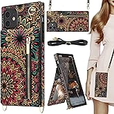 HOGGU Compatible for iPhone 11 Case Wallet with Card Holder [RFID Blocking], Crossbody Strap, Magnetic Closure Flip Floral Leather Protective Cover Case for Women-Mandala