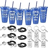 Hollowfly 6 Set Coach Gifts for Men Women, Best Coach Ever Plastic Cup with Lid and Straw 24 oz Coaches Keychain Whistle Wrestling Basketball Hockey Baseball Softball Coaches Appreciation Gift(Blue)