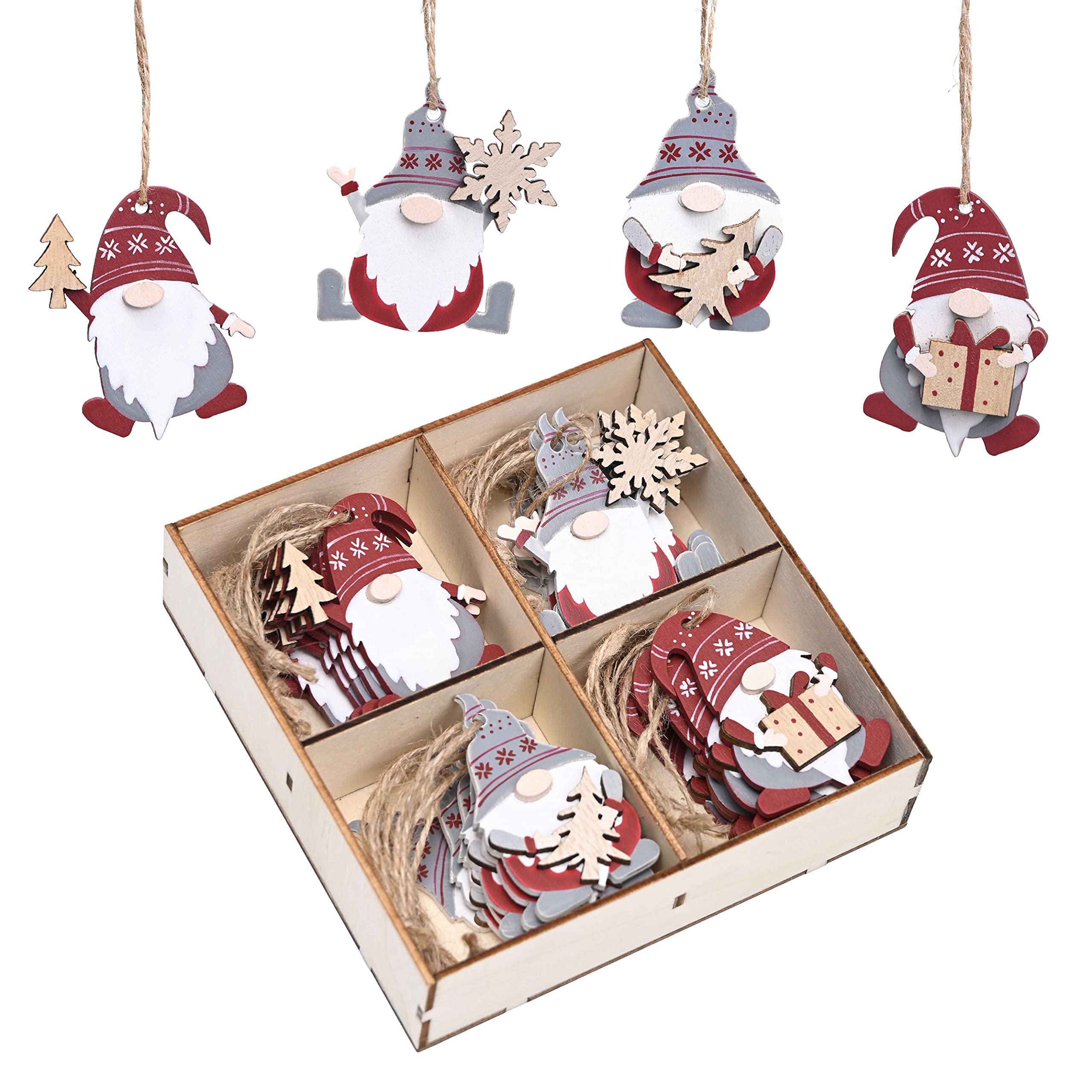 Valery Madelyn 24pcs Nordic Hut Red and Grey Christmas Tree Decorations, Wooden Christmas Hanging Pendants, Xmas Tree Ornaments with Funny Gnome Patterns for Gift Tag, 2.4inch/6.2cm