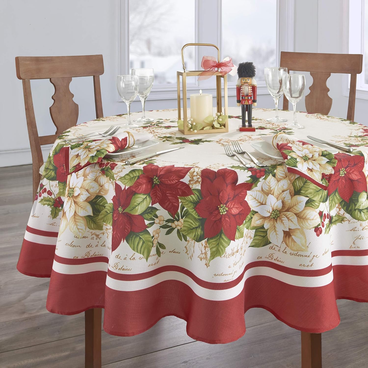 Elrene Home Fashions Red and White Poinsettias Holiday Fabric Tablecloth, 60" x 84" Oval, Multi
