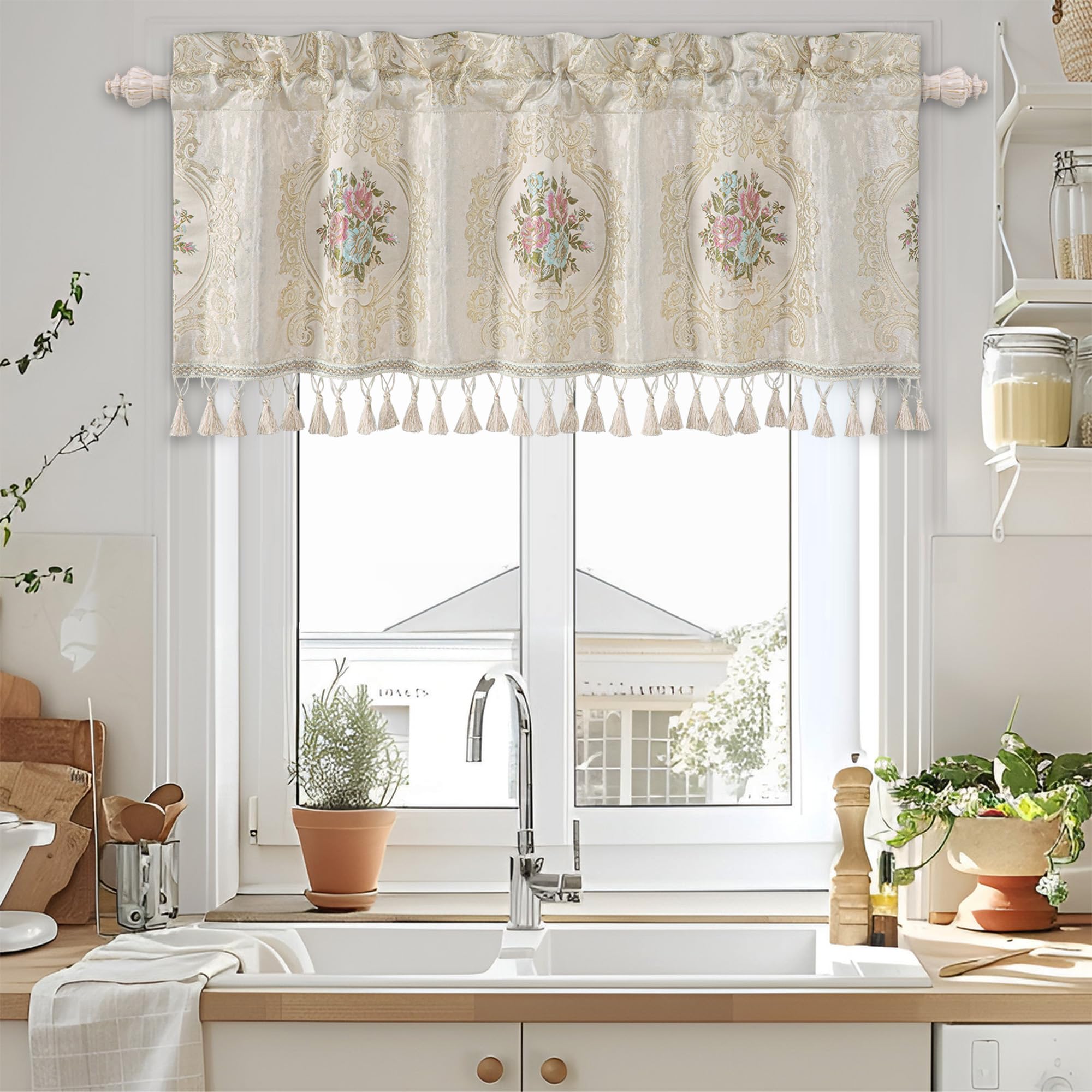 TOPLUXE Curtain Valance for Windows 137x46cm, Floral Valance with Tassels, Short Curtain for Bedroom Living Room Kitchen (Beige)