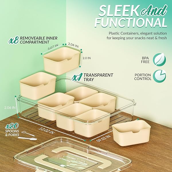 ZELECKS 2-PACK PORTABLE SNACKLE BOX CONTAINER WITH 8 SPACIOUS COMPARTMENTS FOR FRUITS, VEGGIES, NUTS, CANDIES AND SNACKS