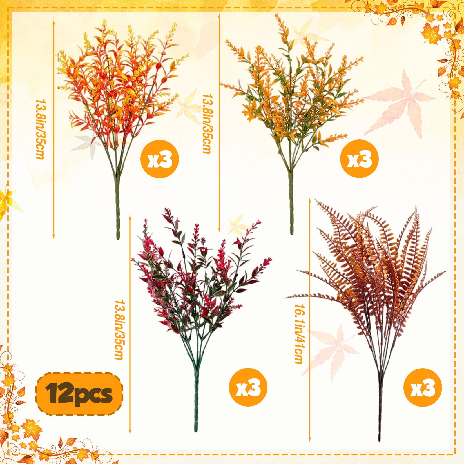 12 Bündel Künstliche Herbstblumen Herbststrauß Herbstdeko, Kunststoff Lavendel Persergras Kunstblumen Deko, Herbst Farbverlauf Herbstblätter Herbstzweige Blumen Balkonpflanzen für Innen und Draußen 2