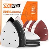 POLIWELL Mouse Sanding Interface Pad 5 Pack 5 Holes Hook and Loop | 40-240 Grits, Triangle Sanding Backing Pads for Mouse Sander Sandpaper, Detail Sanding