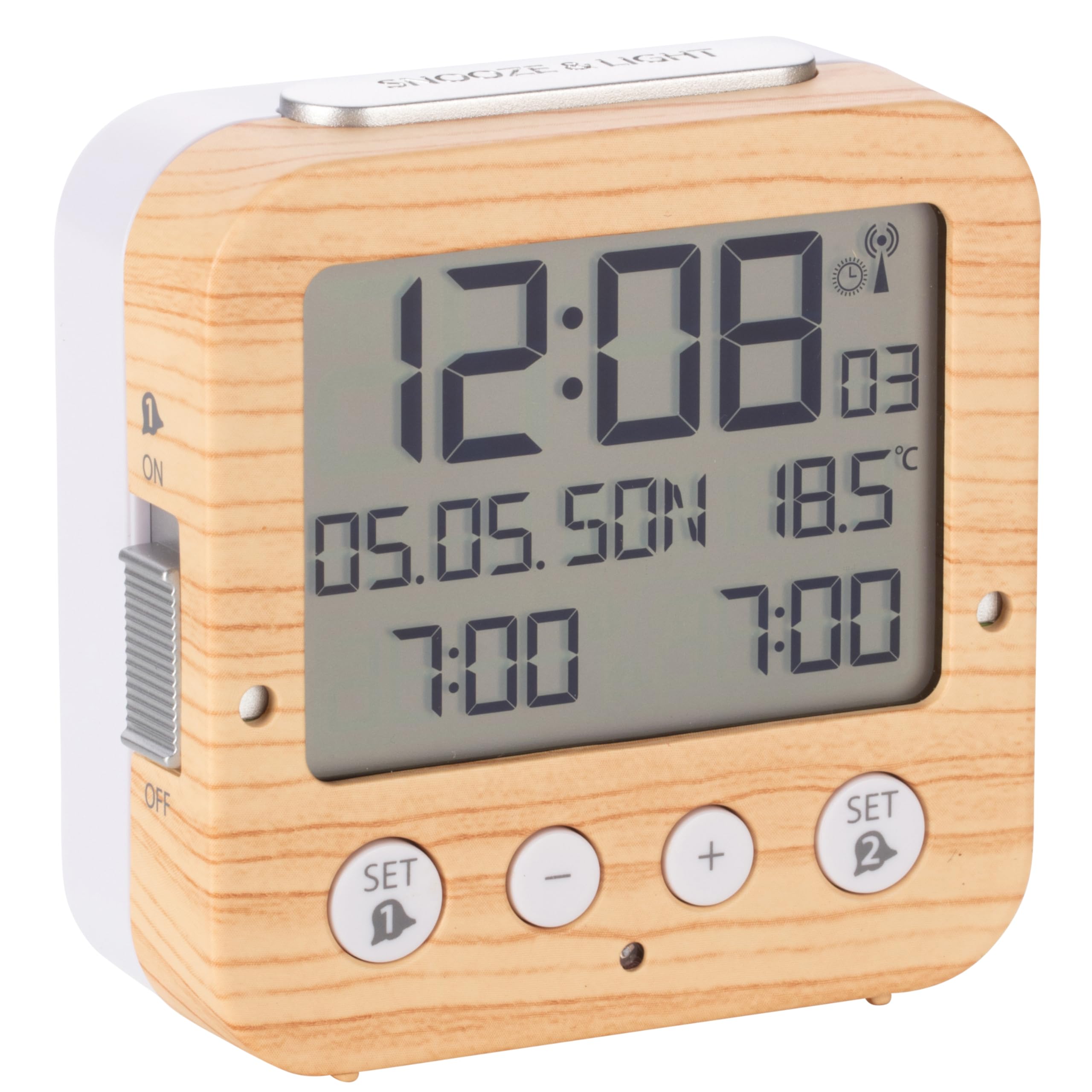 TFA Dostmann Bingo 60.2528 Radio-Controlled Alarm Clock with Automatic Backlight, Date, Temperature Display and Two Alarm Times, L 81 x W 33 x H 81 mm