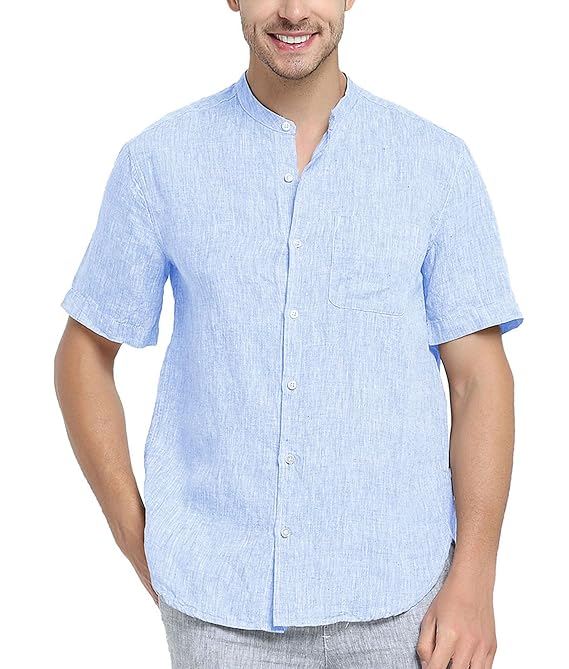 Najia Symbol Herren 100% Leinen Freizeit Hemden Kurzarm Stehkragen