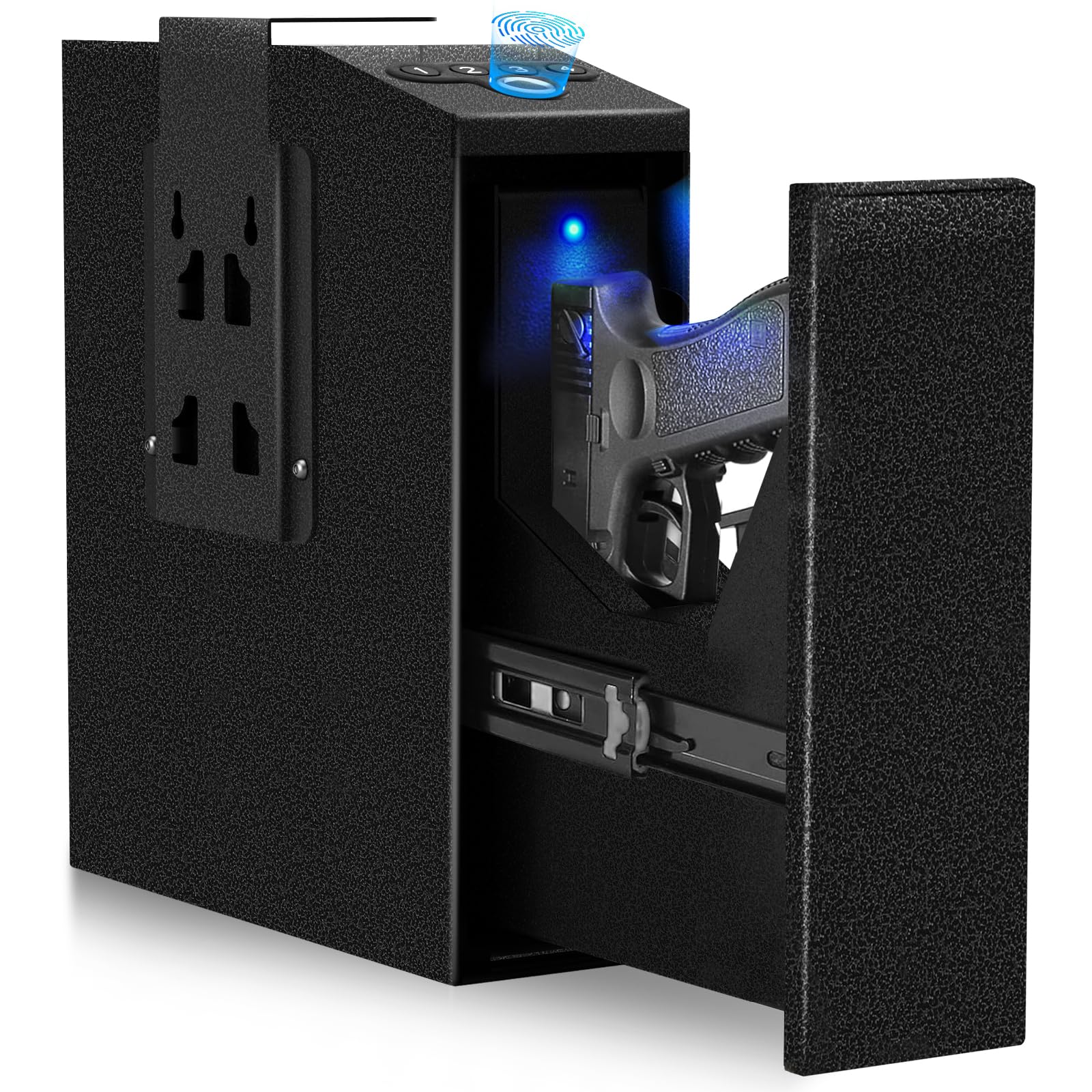 IDMIDM Pistol Safe Upgraded,0.1 Seconds Quick Access Auto Sliding Door Hand Gun Safe for Handgun,with Biometric Fingerprin, PIN Code,Key Access,for Bedside, Desk,Office Safety (Upgraded Pistol Safe)