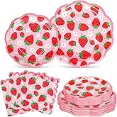 Whaline 72 Pcs Strawberry Scalloped Tableware Set Pink Red Strawberry Flower Disposable Plates and Paper Napkins for 24 Guests Summer Fruit Baby Shower Party Table Supplies