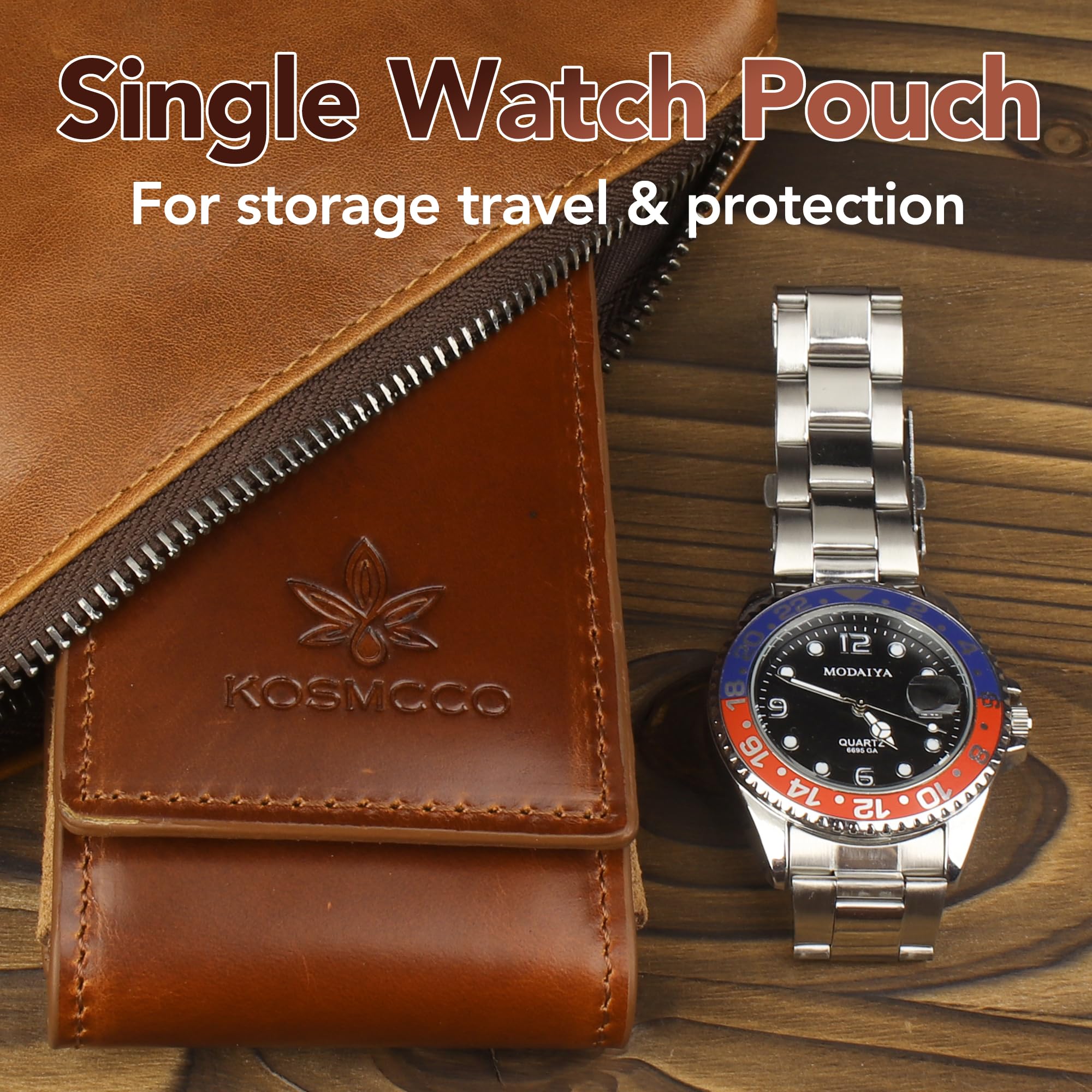 KOSMCCO Leather Watch Pouch - Portable Travel Pouch with Suede Lining and Leather Inserts, Single Watch Case for Lovers Gift (Brown)