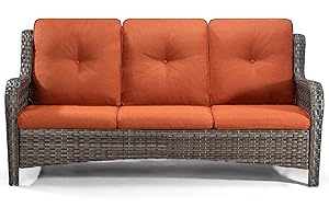 Joyside Outdoor Patio Couch Wicker Sofa - 3 Seater Rattan Sofa for Outside Patio Garden with Deep Seating and Olefin Cushions(Mixed Grey/Orange)
