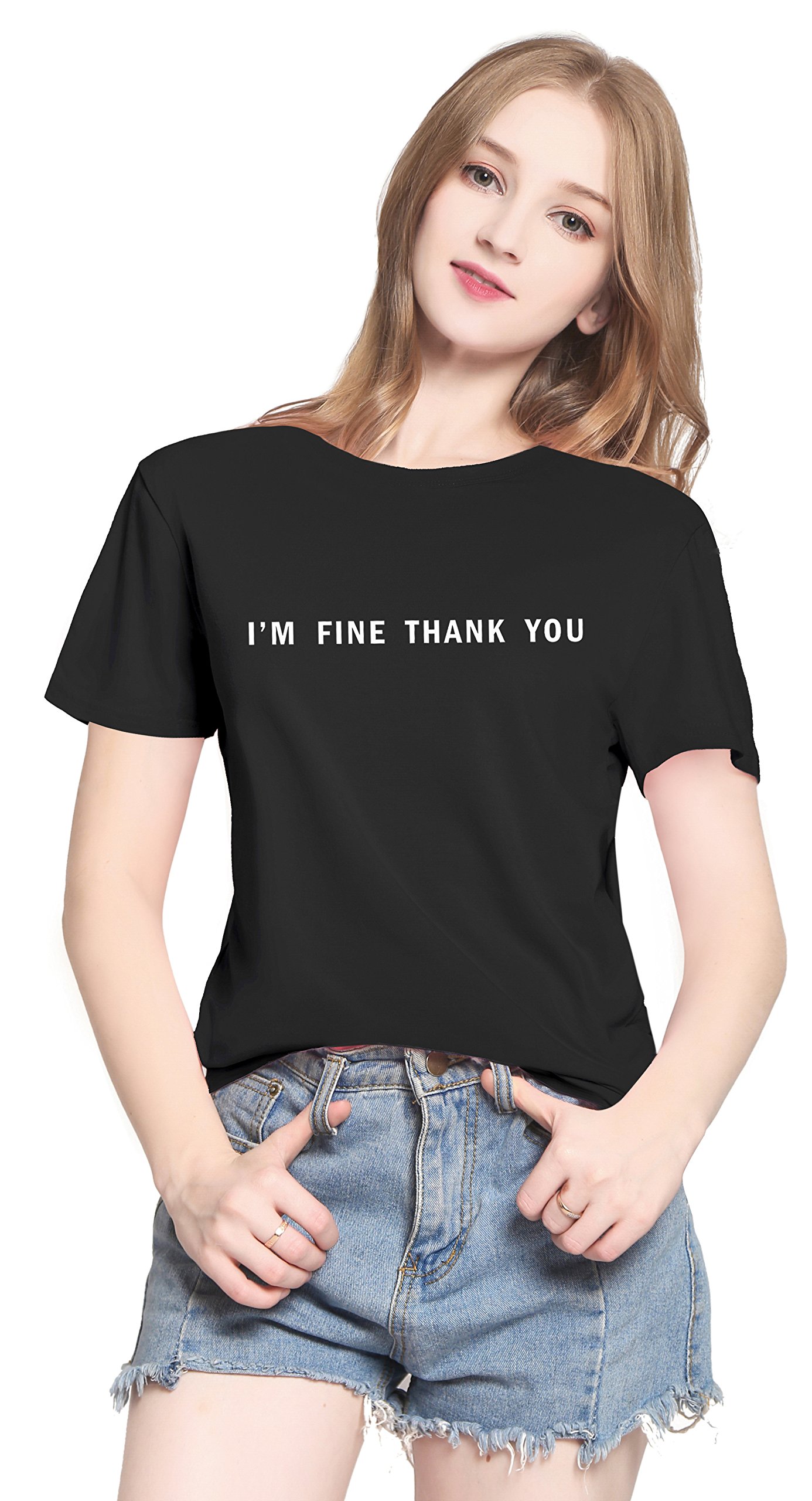 PINJIA Womens Cute Letter Printed Graphic Funny Tshirts Top Tees(MX15)(XXXL,Black I\'m Fine)