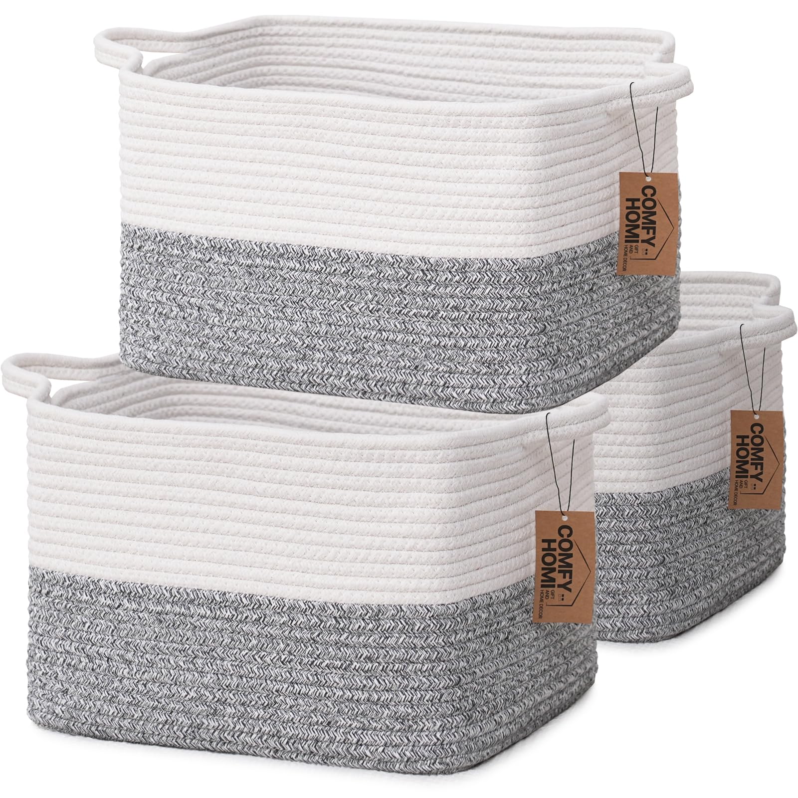 Photo 1 of COMFY-HOMI 3-Pack Cotton Rope Woven Basket with Handles for Shelves, Book, Cloth Basket|Dog Toy Basket for Organizingy|13.5" x 11" x 9.5" for Bedroom?White/Grey?