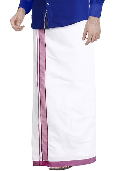 Men's Cotton Dhoti with Pink Border (White, 3.6 Meter)