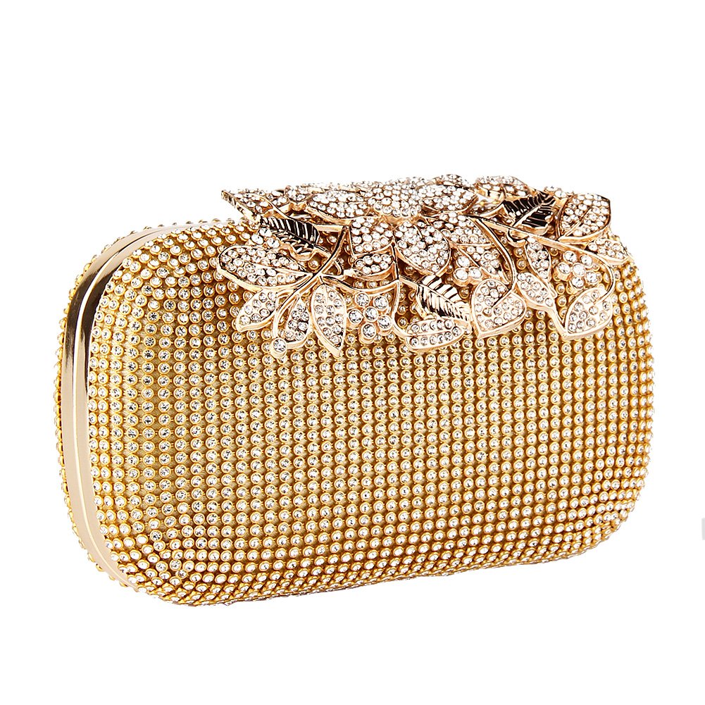 Unique Clasp Gold Diamante Crystal Diamond Evening bag Clutch Purse Party Bridal Prom